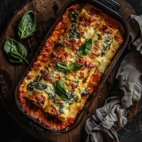 Baked lasagna with melted cheese, tomato sauce, and basil in a black baking dish.