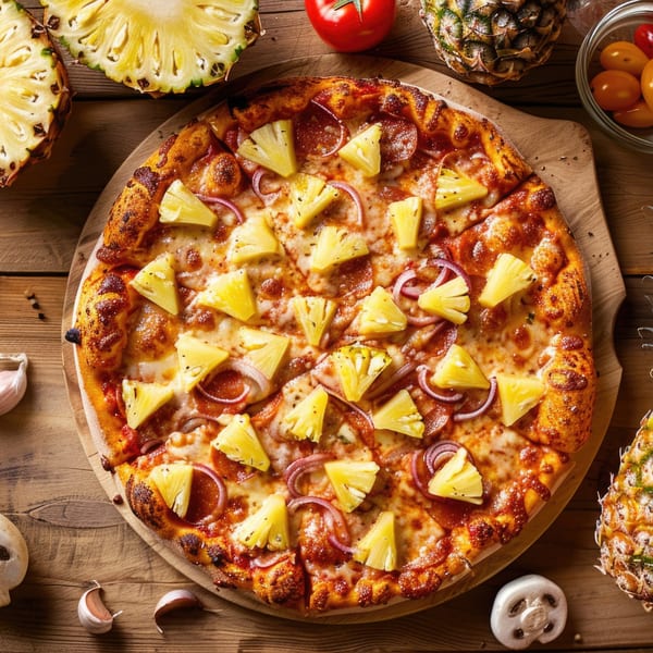 A pineapple and pepperoni pizza with red onion slices on a wooden board, surrounded by fresh ingredients.