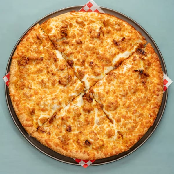 A whole cheese pizza from Pizza Time Fallriver, cut into four slices on a dark pan.
